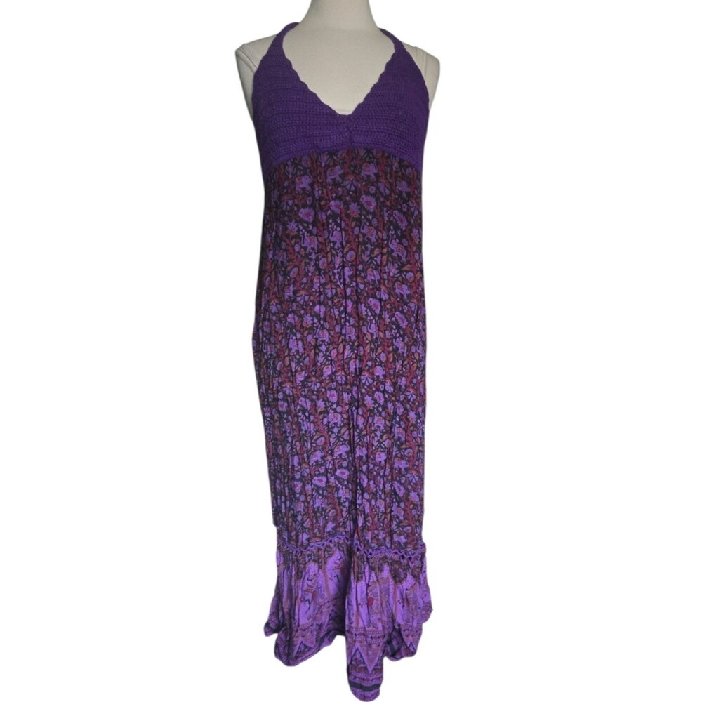 Purple Crochet Halter Floral Maxi Dress